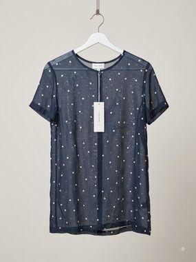 GINIA / RTW Navy Polka Dot Mesh Tee/ Dress / NWT / S / PTP-18”/ Length-32”